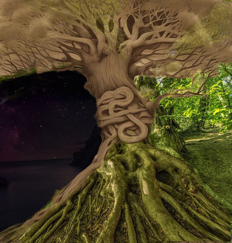 Deep Roots The World Tree, Digital Collage with Original Photograph and Illustrations (includes minimal AI generated element from Loveshadow)